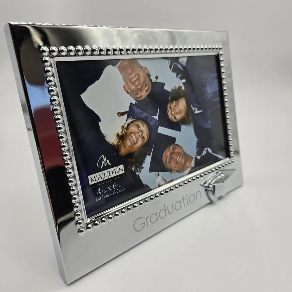 Malden Intl.‎ Graduation Picture Frame 4x6 Silver Metal Beaded Mortarboard